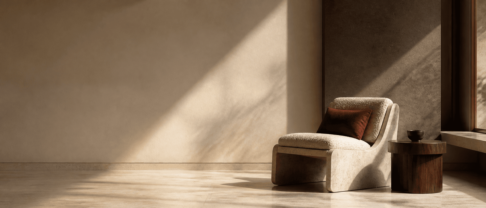 A finished lounge styled with warm light, sculptural seating and a feature cushion.