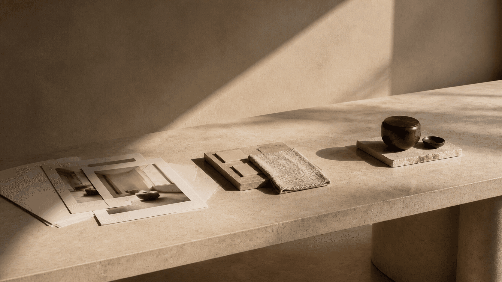 A daylight styling board with material samples and reference imagery.