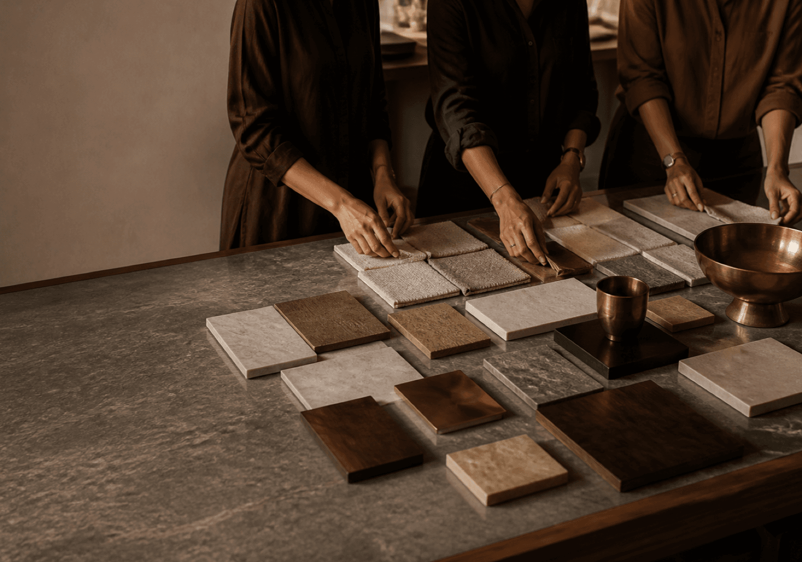 Interior designers reviewing material samples around a working table.