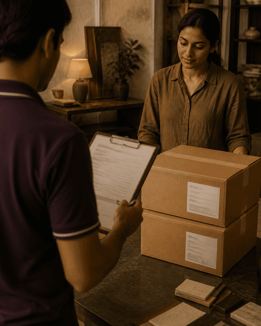 A project delivery being checked at a design studio.