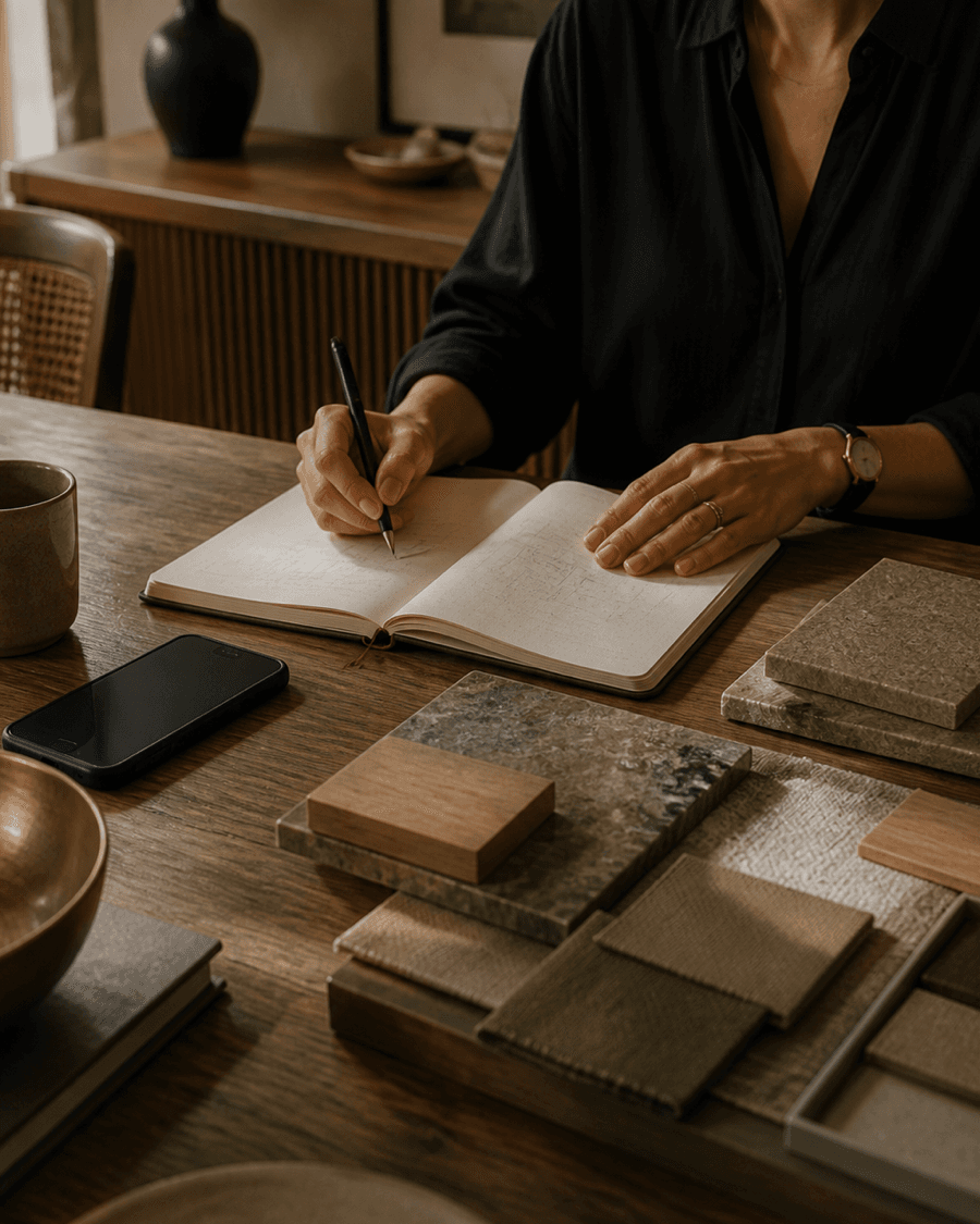 A designer preparing client handover notes beside a finished table.