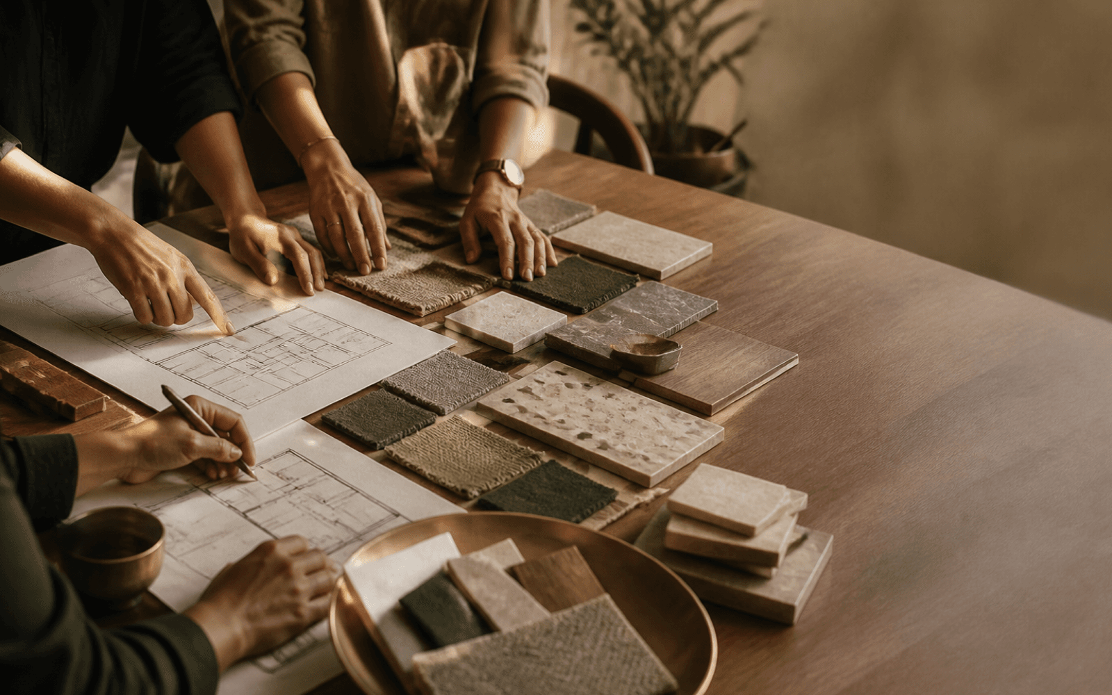 Designers reviewing plans, textiles and finish samples at a working table.