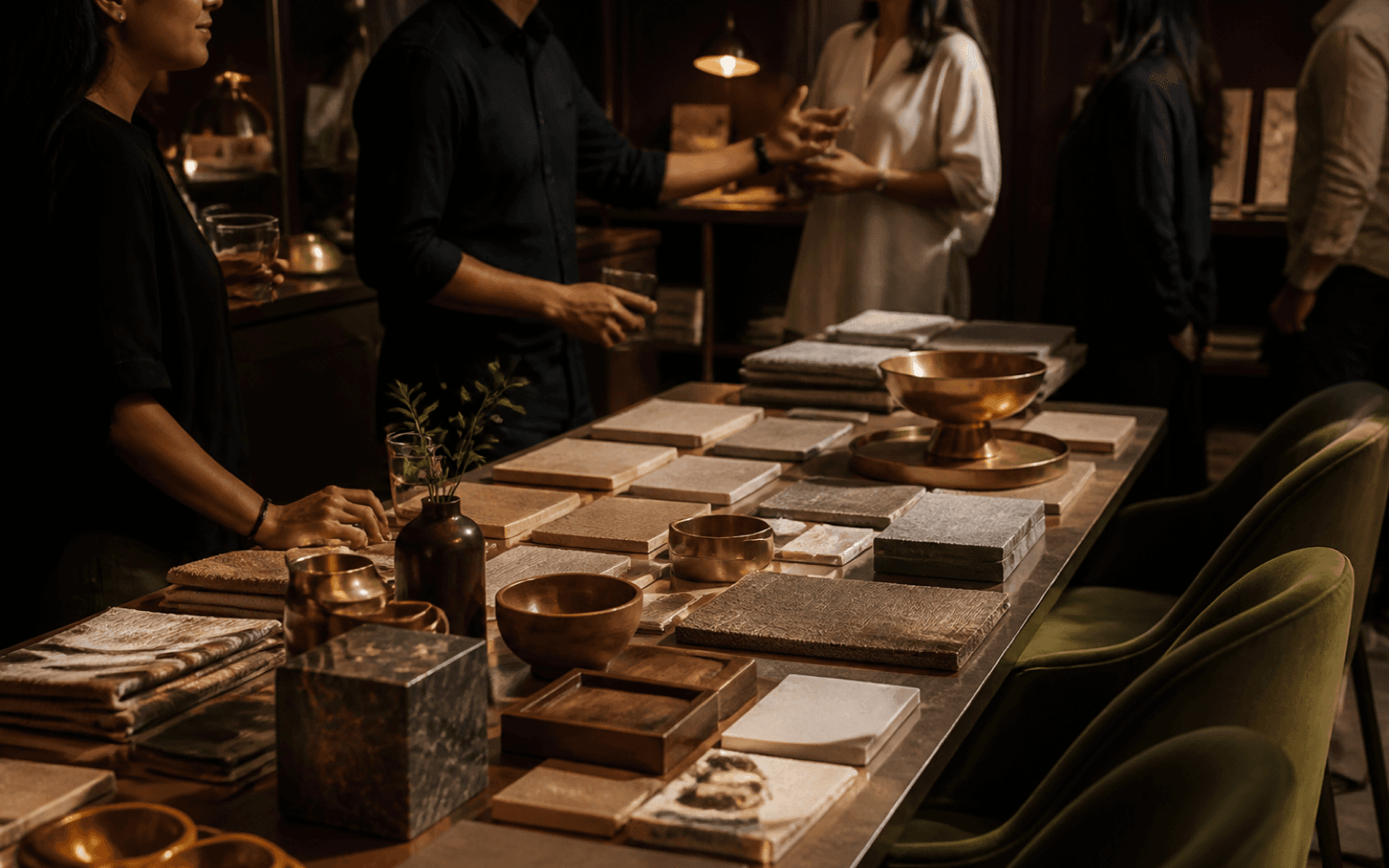 An intimate interior designer community gathering around a material table.