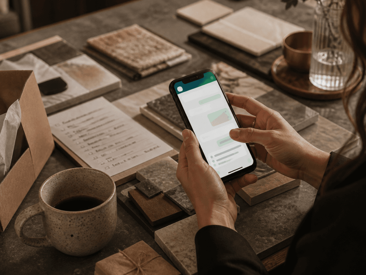 A designer using a privacy-safe WhatsApp concierge conversation at a material desk.