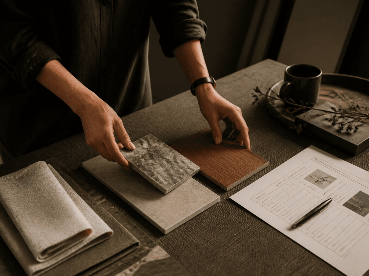 Stone, timber and textile samples being compared.