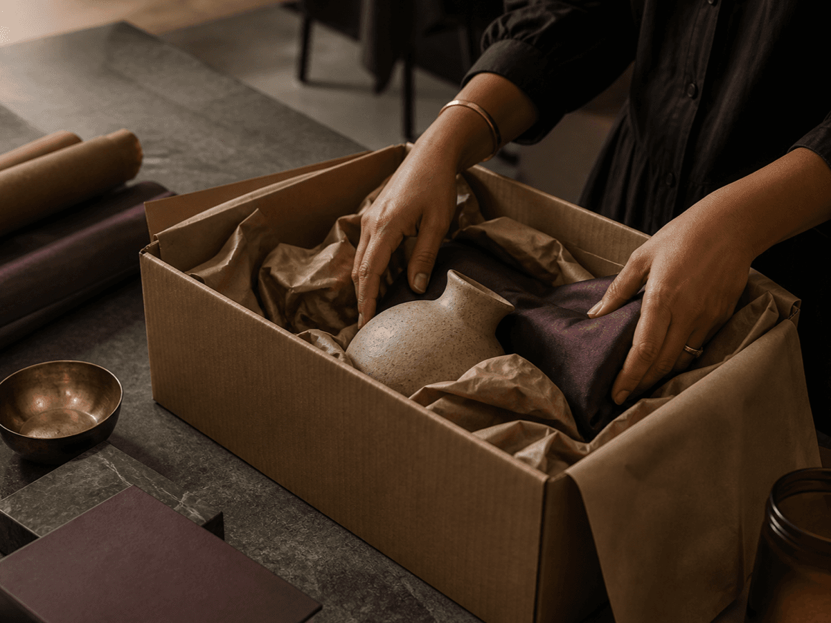 A ceramic object being packed carefully for return.